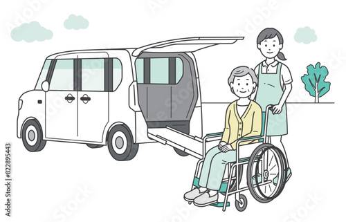 介護施設に送迎される高齢女性と介護士と福祉車両のイラスト