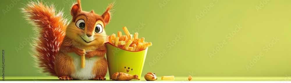 A cute animated squirrel with a bushy tail smiles at a bucket of French fries on a green background, evoking a sense of fun and whimsy.