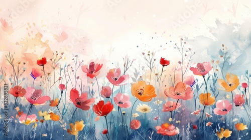Vibrant Watercolor Floral Meadow with Abstract Background © kvladimirv