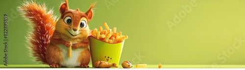A cute animated squirrel with a bushy tail smiles at a bucket of French fries on a green background, evoking a sense of fun and whimsy.