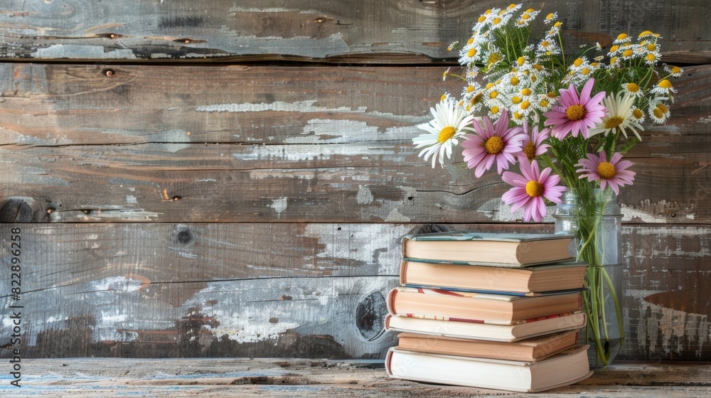 A stack of wellloved books and a vase of freshly picked flowers on a worn wooden table. A stack of wellloved books and a vase of freshly picked flowers on a worn wooden table.