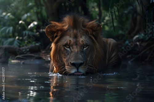 a lion was drinking in the river