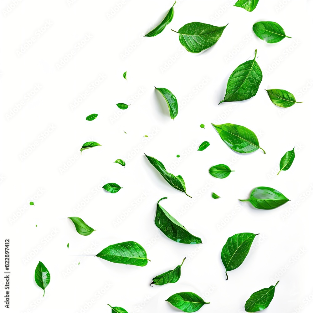 Greenery leaves falling down movement with copy-space isolated on white background  