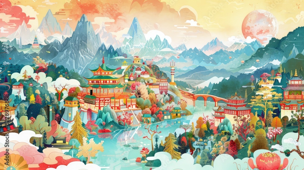 Democratic Party, US landmarks, colorful and whimsical illustrations of fantasy worlds, traditional Tibetan thangka paintings, HD Democratic Party, US landmarks, colorful and whimsical illustrations of fantasy worlds, traditional Tibetan thangka paintings, HD
