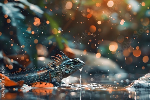 a lizard was drinking in the river photo