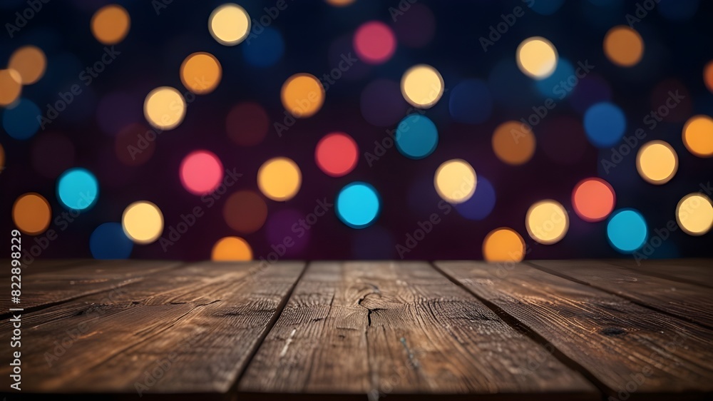 Empty wooden table with neon light bokeh background, night view, blurred bokeh lights background, generative ai