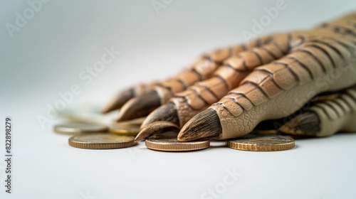 dollar coin stepped on by a dinosaur or monster foot. financial problem and challenge concept