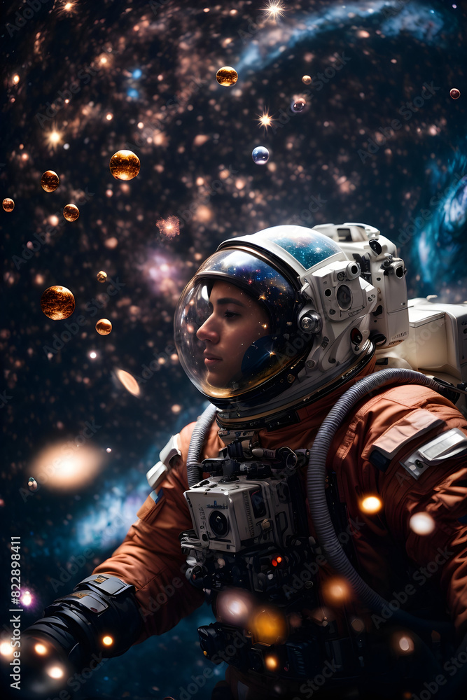 Astronaut in the space wearing Extravehicular Mobility Unit, or EMU, looking in to the space, world world astronaut day, world space day Astronaut in the space wearing Extravehicular Mobility Unit, or EMU, looking in to the space, world world astronaut day, world space day