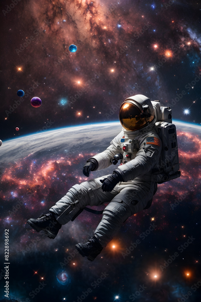 Astronaut in the space wearing Extravehicular Mobility Unit, or EMU, looking in to the space, world world astronaut day, world space day Astronaut in the space wearing Extravehicular Mobility Unit, or EMU, looking in to the space, world world astronaut day, world space day