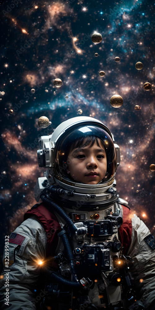 Young kid astronaut in the space wearing Extravehicular Mobility Unit, or EMU, looking in to the space, world world astronaut day, world space day Young kid astronaut in the space wearing Extravehicular Mobility Unit, or EMU, looking in to the space, world world astronaut day, world space day