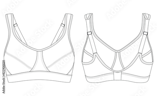 Womens Sport wrap Bra fashion flat sketch template. Sports wear fashion design set  illustration . Front and back views 