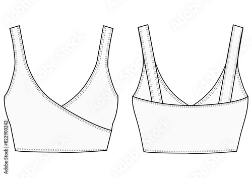 Womens Sport wrap Bra fashion flat sketch template. Sports wear fashion design set  illustration . Front and back views 