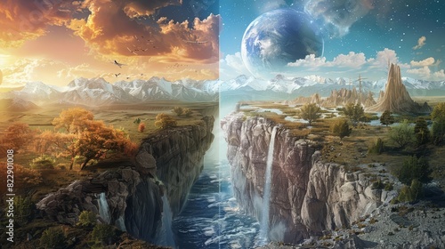 A split scene showing two parallel universes with contrasting landscapes, #822901008