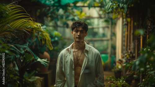 A young man with an intense expression stands amidst lush green foliage, his unbuttoned shirt and casual stance adding to the natural and serene environment. photo