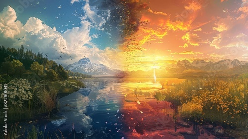 A split scene showing two parallel universes with contrasting landscapes, photo