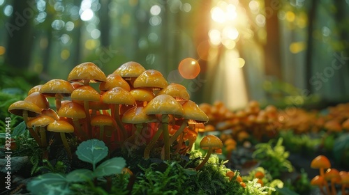 A timelapse of mushrooms growing and spreading in a forest, photo