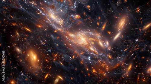 A vast cosmic scene showing dark matter as a weblike structure binding galaxies, photo