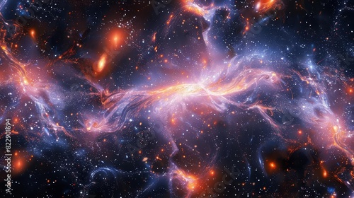 A vast cosmic scene showing dark matter as a weblike structure binding galaxies 