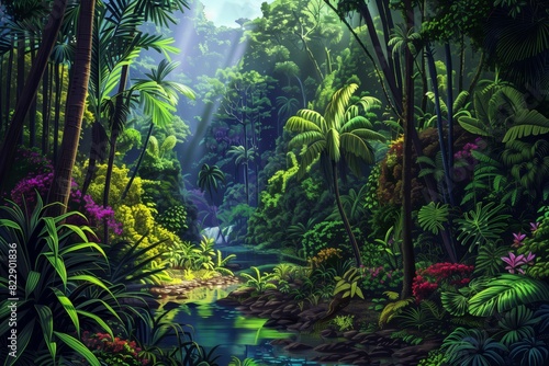 vivid tropical rainforest in bright sunny weather
