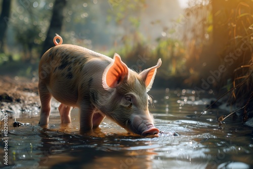 a pig was drinking in the river photo