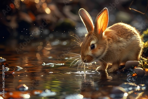 a rabbit was drinking in the river photo