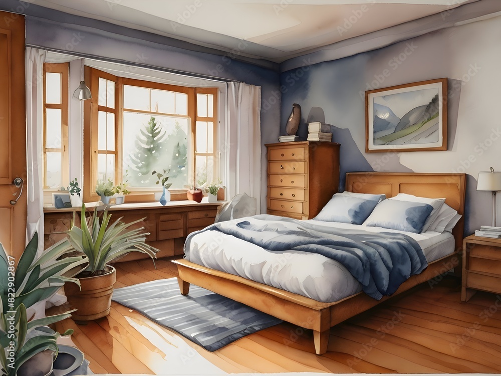 Fototapeta premium Cozy Bedroom Watercolor Illustration Art