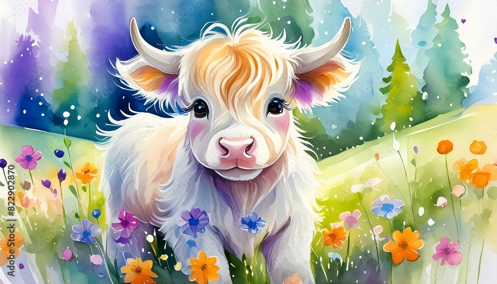 Naklejka premium cute baby highland cow watercolor illustration