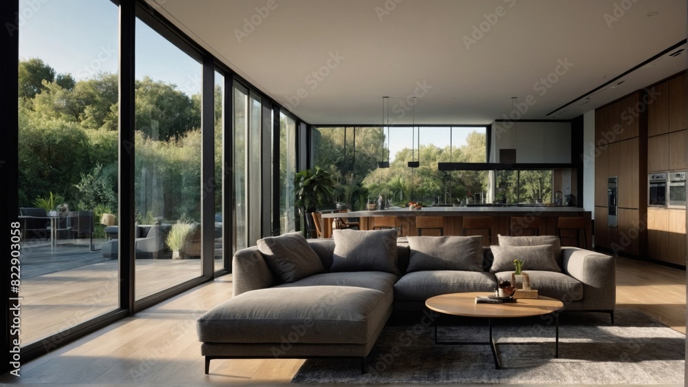 Contemporary Elegance: Open-Plan Living and Kitchen Space. Generative AI Contemporary Elegance: Open-Plan Living and Kitchen Space. Generative AI