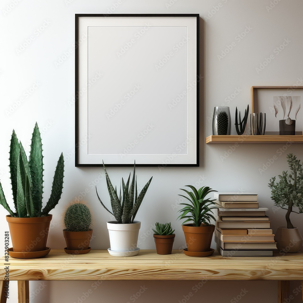 Fototapeta premium Empty frame hanging on wall in modern living room