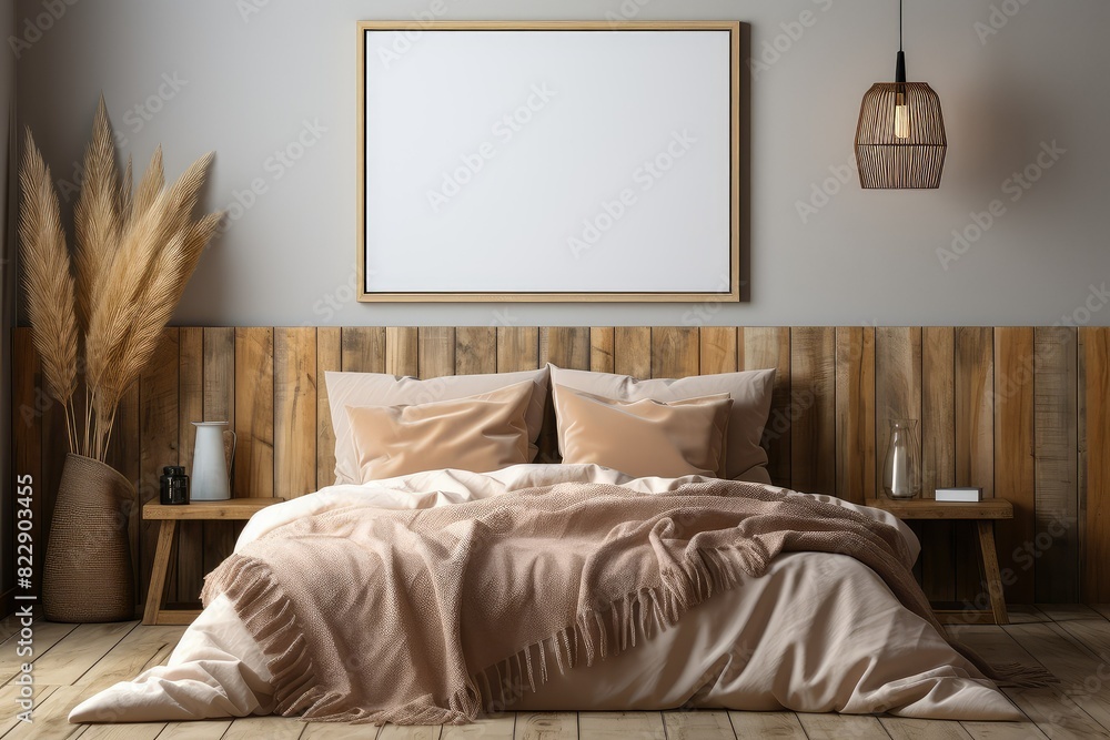 Empty frame hanging on wall in cozy bed room Empty frame hanging on wall in cozy bed room