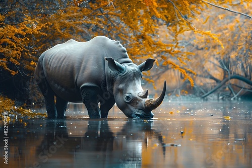 a rhino is drinking water in a river