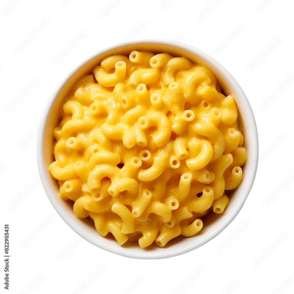 A bowl of macaroni and cheese, cheesy and creamy, from an overhead perspective.