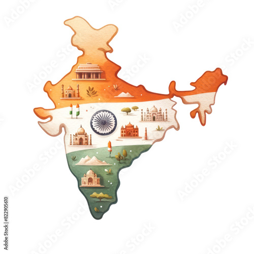 Obraz na płótnie A colorful map of India with famous landmarks and the Indian flag. w salonie