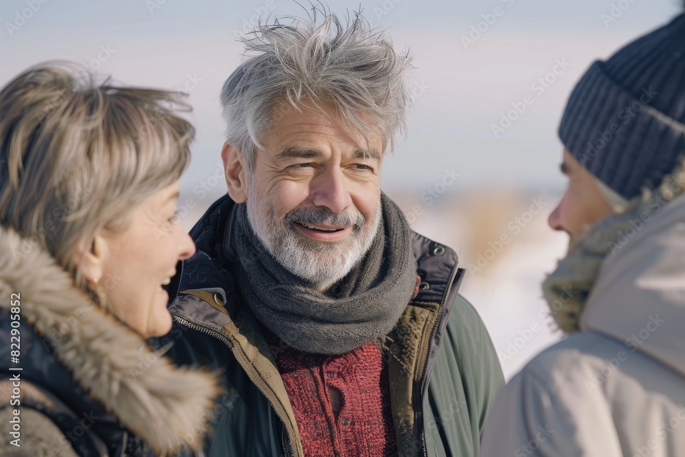 Portrait of a happy senior couple in winter clothes on the beach Portrait of a happy senior couple in winter clothes on the beach