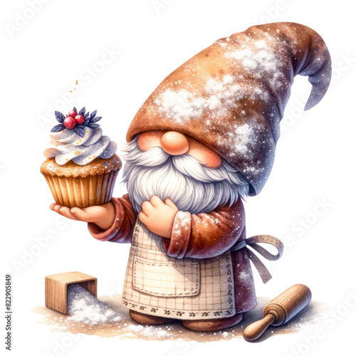 A cute gnome in a baker's apron holding a cupcake with snow on his hat.