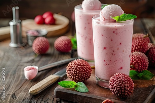 A freshly made lychee shake, or smoothie, in glasses on a wooden table. Lychees, a knife, a cutting board, and an ice cream scoop are in the background. Lychee shakes are popular in Asia and are sprea photo