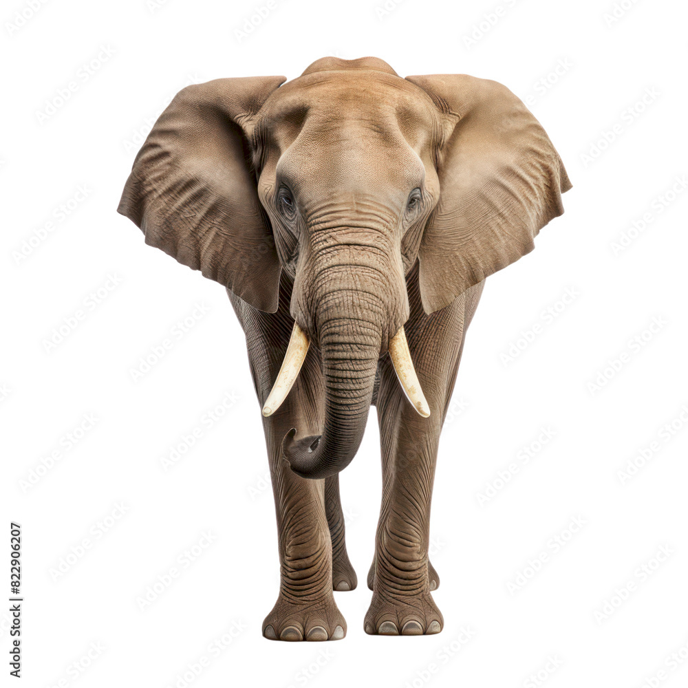 Obraz premium A large African elephant with tusks stands facing forward with a serious expression. The image is rendered in a realistic style. The background is black.