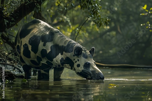 a tapir is drinking water in a river photo