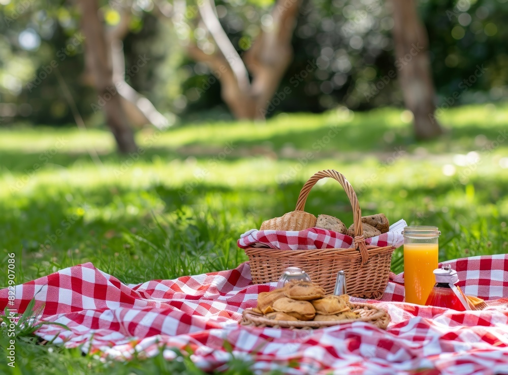 Picnic setup with a red checkered blanket and a basket full of food and drinks on green grass in the park.
