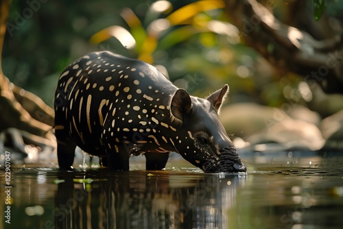 a tapir is drinking water in a river