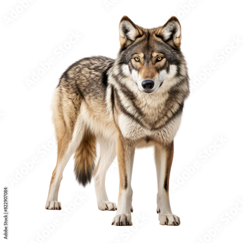 A wolf stands alert  facing the camera with a serious expression. Its fur is a mix of brown and gray  and its tail is bushy.