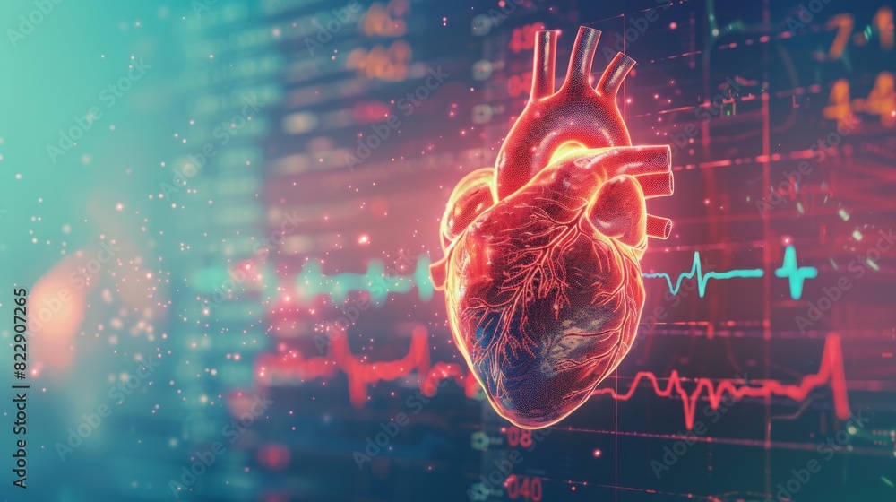 Anatomy of human heart on ecg medical background. 3d render. Cardiology concept. World Blood Donor Day. Anatomy of human heart on ecg medical background. 3d render. Cardiology concept. World Blood Donor Day.