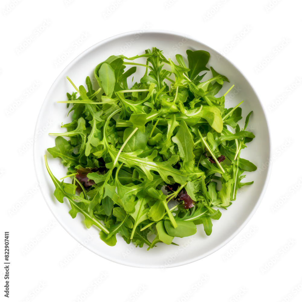Fresh, green arugula salad in a white bowl, top view. Fresh, green arugula salad in a white bowl, top view.
