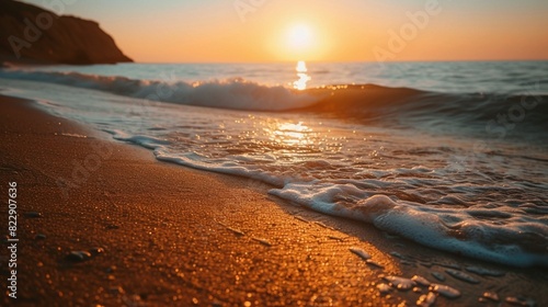 Coastal Serenity  Golden Hour Brilliance on a Peaceful Beach. Generative AI