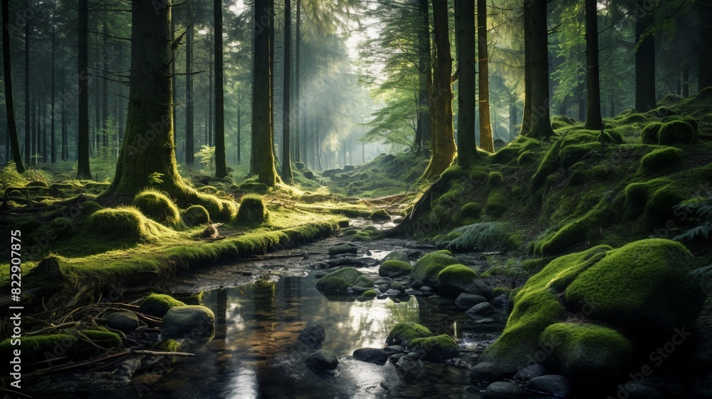 Fototapeta premium Mystical Green Mossy Forest Stream. Generative AI