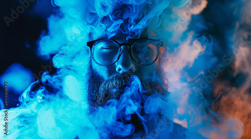 bearded man wearing glasses is surrounded by blue smoke