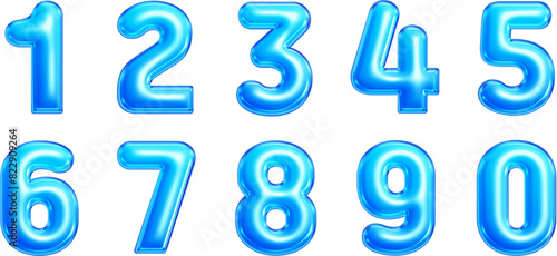 Number of voluminous balloon shapes from 0 to 9. 3d, Transparent background. Resources in png. (Cool blue)
