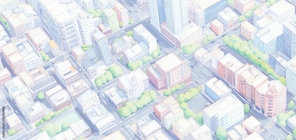 High-angle view of a cityscape with buildings and streets in a soft pastel style, showcasing urban planning and architecture.