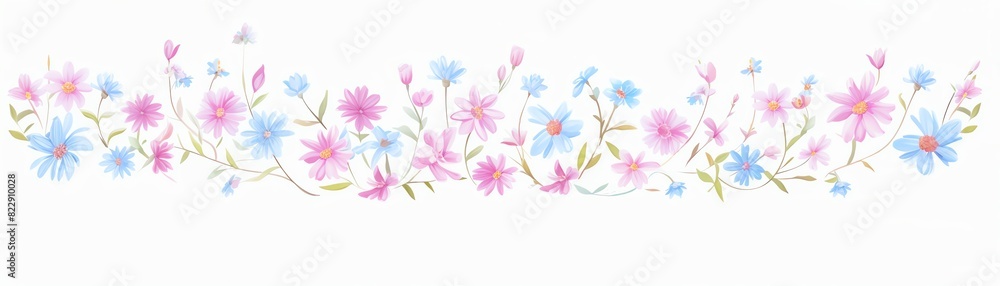 Delicate floral border with pink and blue flowers, perfect for wedding invitations, greeting cards, and decorative designs.