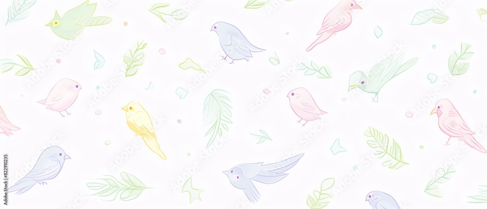 Fototapeta premium Whimsical pastel bird pattern with delicate feathers on a soft background, perfect for nursery decor or stationery designs.